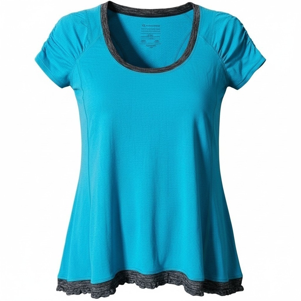 Lululemon Athletic Shirt Womens 4 Blue Ruched Scoop Neck Wild Tech Short Sleeve